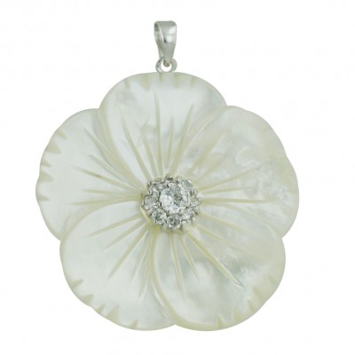 Sterling Silver Pendant (W=40mm) White Mother of Pearl Flower with 8mm Clear C