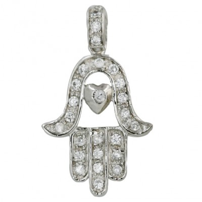 Sterling Silver Pendant Clear Cubic Zirconia Jewish Hand with Heart