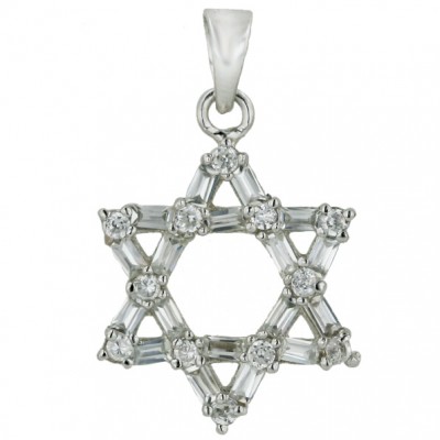 Sterling Silver Pendant Clear Cubic Zirconia Baguette Open Jewish Star