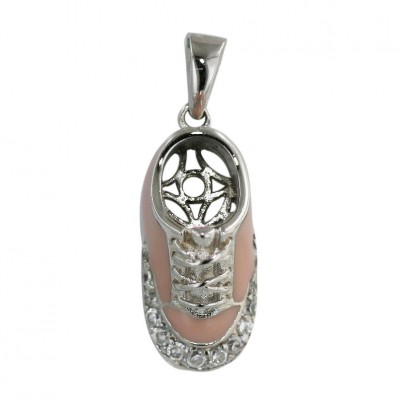 Sterling Silver Pendant Fun Pink Enamel Baby Shoe with Clear Cubic Zirconia