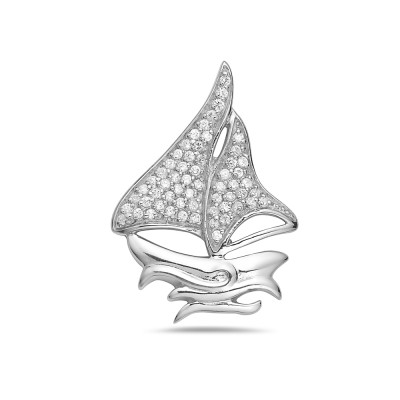 Sterling Silver Pendant Plain+Pave Clear Cubic Zirconia Sailing Bot