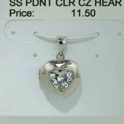 Sterling Silver Pendant Clear Cubic Zirconia Heart Bezel Locket