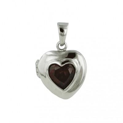Sterling Silver Pendant Garnet Cubic Zirconia Heart Bezel Locket