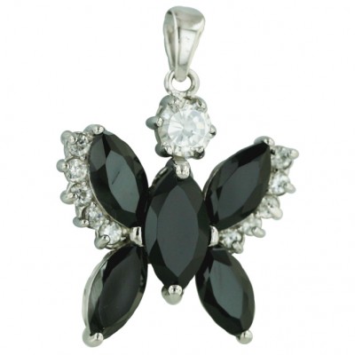 Sterling Silver Pendant Marquis Black Cubic Zirconia Butterfly with Clear Cubic Zirconia