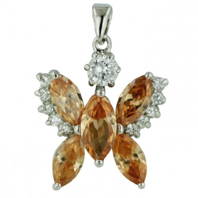 Sterling Silver Pendant Marquis Champagne Cubic Zirconia Butterfly with Clear Cubic Zirconia