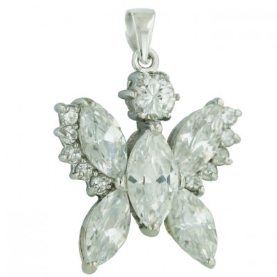 Sterling Silver Pendant Marquis Clear Cubic Zirconia Butterfly with Clear Cubic Zirconia