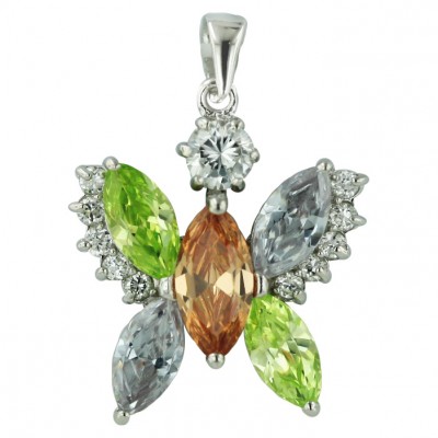 Sterling Silver Pendant Marquis Lg,Lv,Champagne Cubic Zirconia Butterfly with Clear Cubic Zirconia
