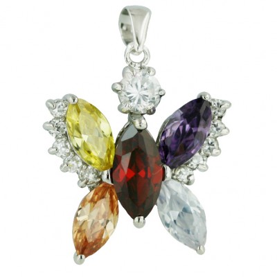 Sterling Silver Pendant Marquis Yellow,Champagne,Garnet, Ame,Lv Cubic Zirconia Butterfly with C