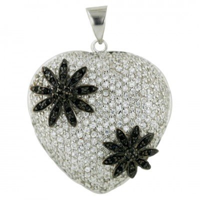 Sterling Silver Pendant Pave Clear Cubic Zirconia (W=35mm) Big Puff Heart with 2 Bl