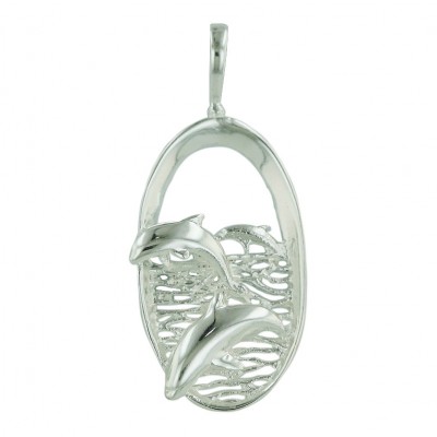 Sterling Silver Pendant Plain Dolphin in Sea+Oval Frame--E-coated/Nickle Free
