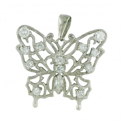Sterling Silver Pendant (W=35mm) Open Butterfly with Clear Cubic Zirconia