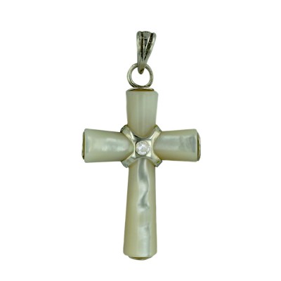 Sterling Silver Pendant Mother of Pearl Cross with 1 Clear Cubic Zirconia