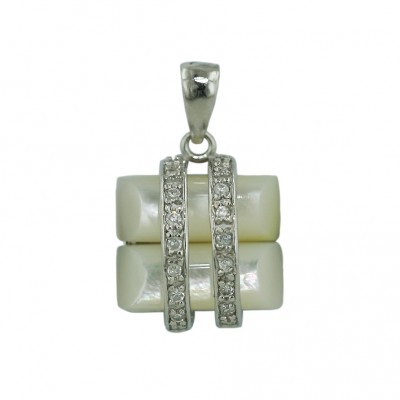 Sterling Silver Pendant 2 White Mother of Pearl with Double Clear Cubic Zirconia Lines Bypass