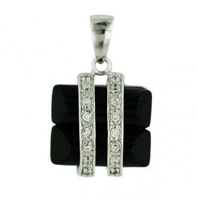 Sterling Silver Pendant 2 Onyx with Double Clear Cubic Zirconia Lines Bypass