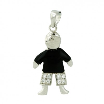 Sterling Silver Pendant Little Boy Wearing Onyx Shirt+Clear Cubic Zirconia Pant