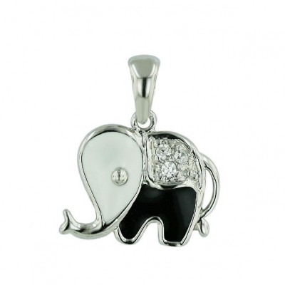 Sterling Silver Pendant Black+White Epoxy+Clear Cubic Zirconia Elephant