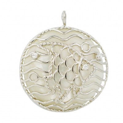 Sterling Silver Pdt White Mother of Pearl Round with Plain Wavy Fish+Water