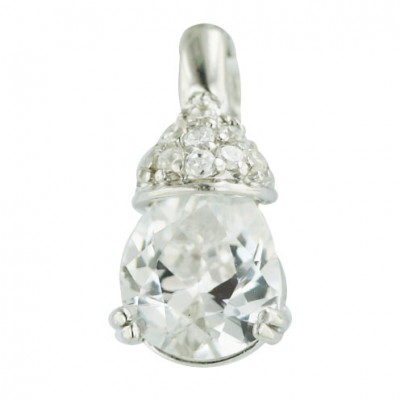 Sterling Silver Pendant Pave Clear Cubic Zirconia Top+10X8mm Tear Drop Clear Cubic Zirconia