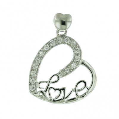 Sterling Silver Pendant Half Clear Cubic Zirconia Heart+Half Plain Heartw/Word"Lo