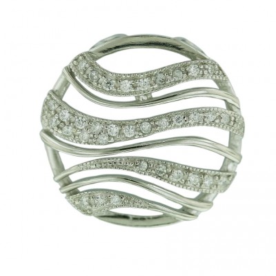 Sterling Silver Pendant 4 Clear Cubic Zirconia Wavy Lines+3 Plain Wavy Lines Cir