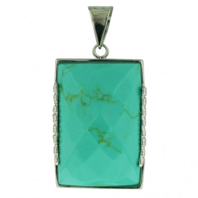 Sterling Silver Pendant 30mmx20mm Rectangular Faux Turquoise Chess Cut with Open P