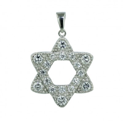 Sterling Silver Pendant Clear Cubic Zirconia Open Jewsih Star