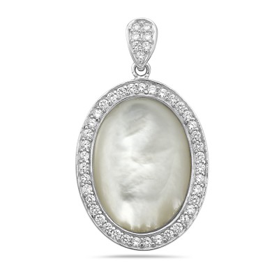 Sterling Silver Pendant 35X28mm White Mother of Pearl Oval with Silver+Clear Cubic Zirconia Leav