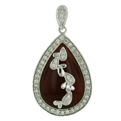 Sterling Silver Pendant 38X28mm Carnelian Tear Drop with Silver+Clear Cubic Zirconia Le