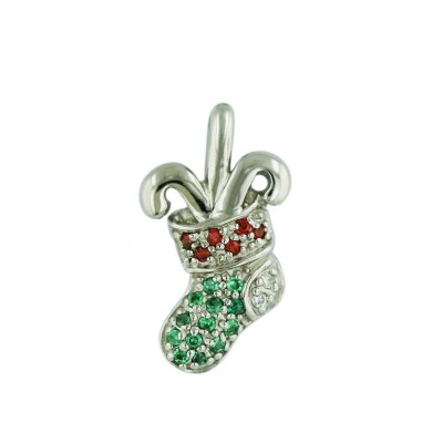 Sterling Silver Pendant Garnet +Emerald Green Cubic Zirconia Christams Socking with C