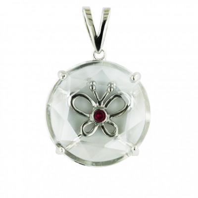 Sterling Silver Pendant 25mm Round Clear Cubic Zirconia+Open Synthetic Ruby#5 Butterfl