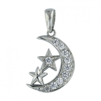 Sterling Silver Pendant Clear Cubic Zirconia Moon+Plain/Clear Cubic Zirconia Star