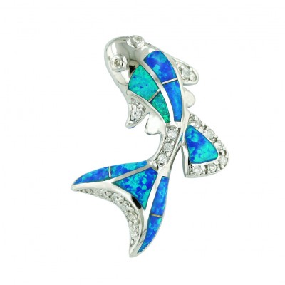 Sterling Silver Pendant Blue Opal (K-5) +Clear Cubic Zirconia Gold Fish