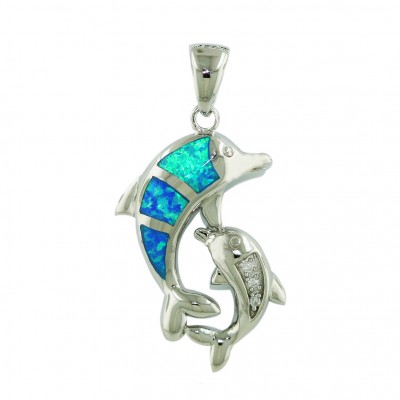 Sterling Silver Pendant 2 Blue Opal (K-5) +Clear Cubic Zirconia Join Dolphin