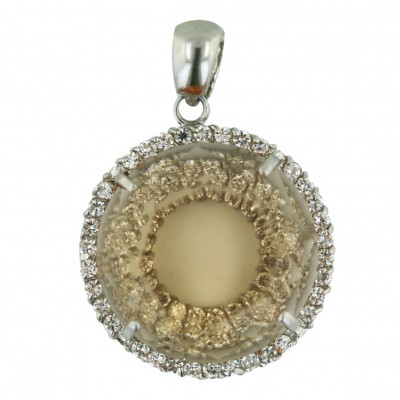 Sterling Silver Pendant 28X28mm Round Champagne Glass with Clear Cubic Zirconia Around+Ba