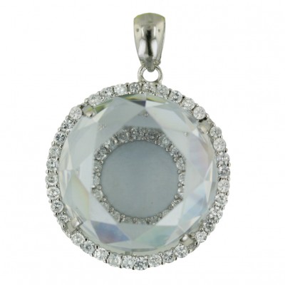 Sterling Silver Pendant 28X28mm Clear Cubic Zirconia Round with Clear Cubic Zirconia Around+4 Prong