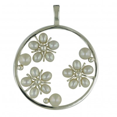 Sterling Silver Pendant White Fresh Water Pearl Triple Flower Circle--E-coated/Nickle Free--