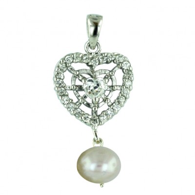 Sterling Silver Pendant Clear Cubic Zirconia Open Heart+Whtie Fresh Water Pearl Dangle