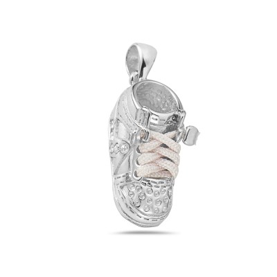 Sterling Silver Pendant Clear Crystal Shoe with Pink Rope Lace