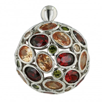 Sterling Silver Pendant Garnet +Champagne+Olivine Cubic Zirconia Round+Oval Dome