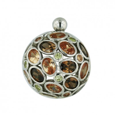 Sterling Silver Pendant Champagne+Co Cubic Zirconia+Light Peridot Round+Oval Dome