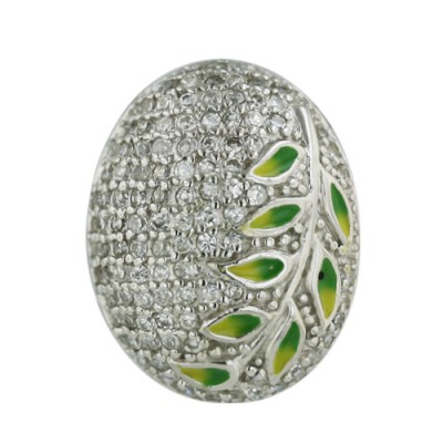Sterling Silver Pendant W=17mm Oval Clear Cubic Zirconia with Green Enamel