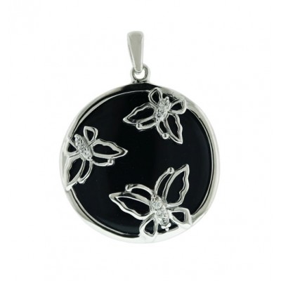 Sterling Silver Pendant 24.5mm Round Onyx with Clear Cubic Zirconia Triple Butterfly