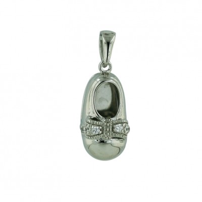 Sterling Silver Plain Baby Shoe with Clear Cubic Zirconia Bow