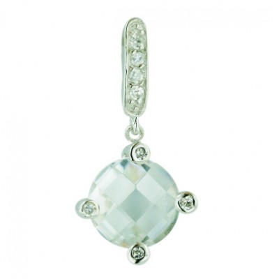 Sterling Silver Pendant 10mm Round Clear Cubic Zirconia Chess Cut with 4 Round Bezel