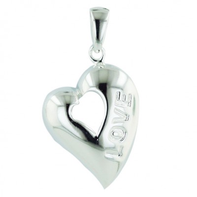 Sterling Silver Pendant Plain Heart with Engraved 'Love' +Tiny Open H