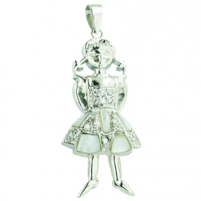 Sterling Silver Pendant Plain Girl White Mother of Pearl+Clear Cubic Zirconia Skirt with Clear Cubic Zirconia Shi