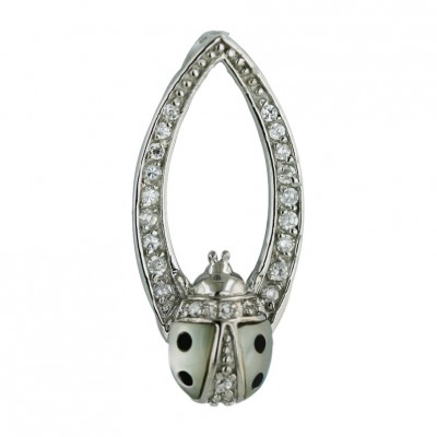 Sterling Silver Pendant White Mother of Pearl Ladybug with Open Clear Cubic Zirconia Marquis