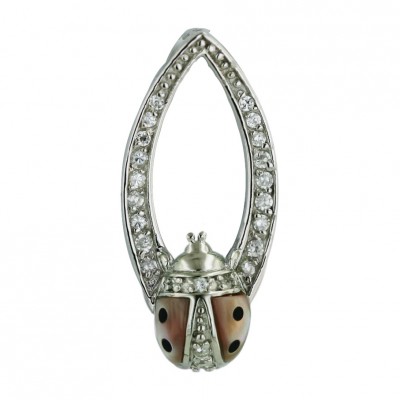 Sterling Silver Pendant Pink Mother of Pearl Ladybug with Open Clear Cubic Zirconia Marquis
