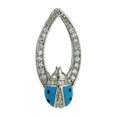 Sterling Silver Pendant Turquoise Ladybug with O Gold Vein with Open Clear Cubic Zirconia Marq