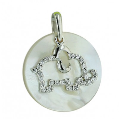 Sterling Silver Pendant 23mm Round White Mother of Pearl Flatbase with Clear Cubic Zirconia Elepha